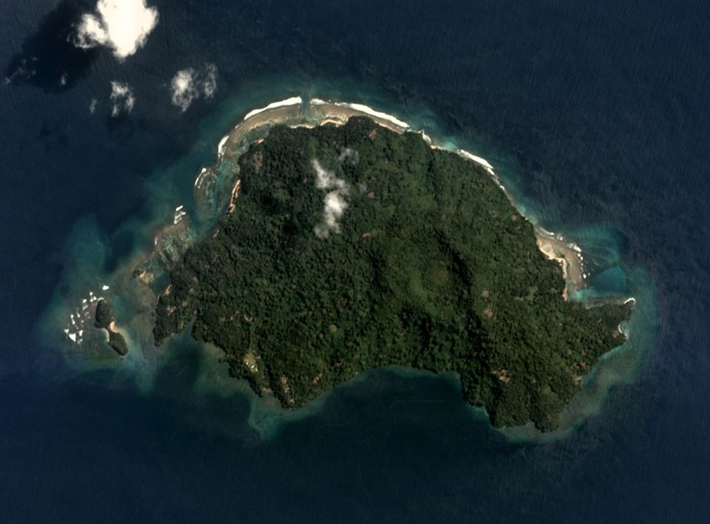 The roughly 3.5-km-wide Blup Blup is north of the main Papua New Guinea island. The summit crater near the center of the island is visible in this August 2019 Planet Labs satellite image monthly mosaic (N is at the top). A small flank cone is on the SW coast and a submarine debris avalanche deposit is to the NE. Satellite image courtesy of Planet Labs Inc., 2019 (https://www.planet.com/).