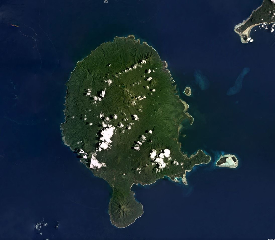 Vanua Lava Island of Vanuatu is shown in this February 2018 Planet Labs satellite image monthly mosaic (N is at the top; this image is approximately 40 km across). The majority of cones, craters, and features are in the northern part of the island, and comprise the Surematai volcano. The Pleistocene Ngere Kwon volcano formed the southernmost peninsula. Satellite image courtesy of Planet Labs Inc., 2018 (https://www.planet.com/).
