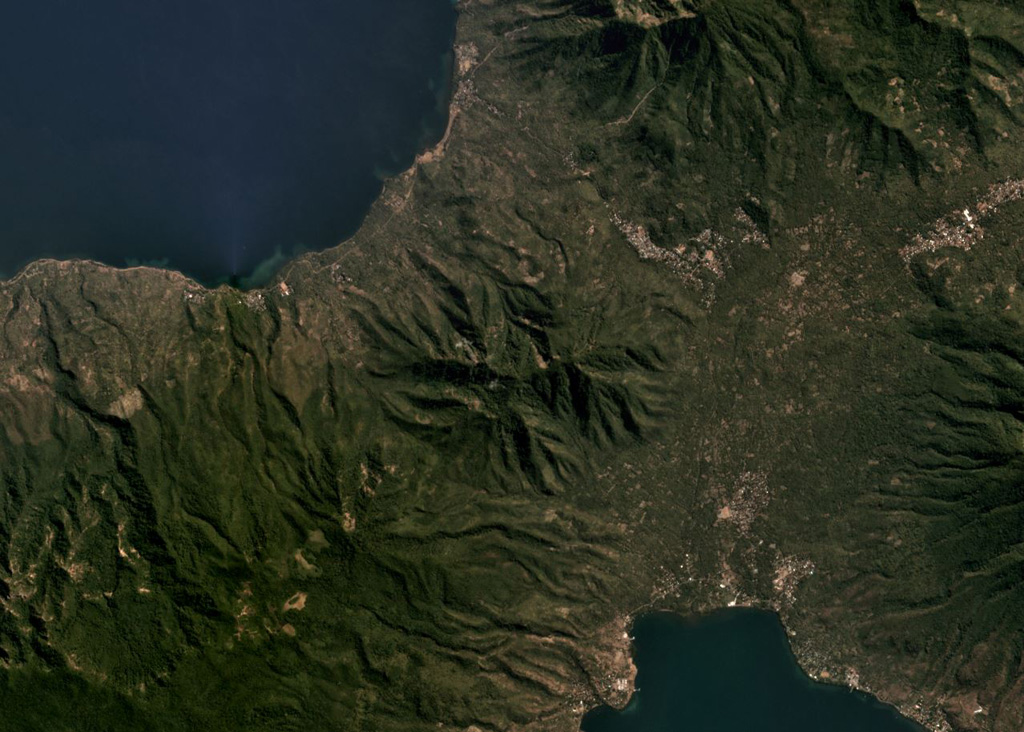 The extensively eroded Ilikedeka volcano is in the center of this July 2019 Planet Labs satellite image monthly mosaic (N is at the top; this image is approximately 11 km across). The Riang Kotang geothermal area is on the lower N flank, and there is other geothermal activity that occurs in the area. Satellite image courtesy of Planet Labs Inc., 2019 (https://www.planet.com/).
