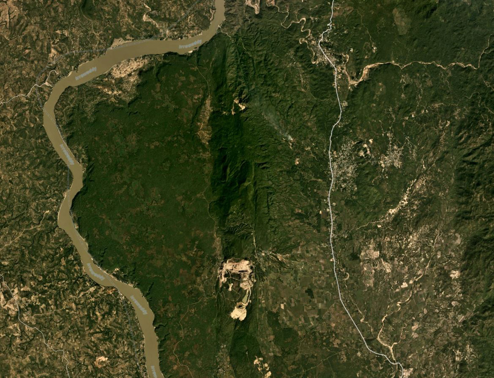 The Singu Plateau is largely comprised of lava flows, with the flow fronts along the river visible in this November 2019 Planet Labs satellite image monthly mosaic (N is at the top; this image is approximately 20 km across). The field has been offset by the Sagaing fault visible down the center of the image, and the river has been diverted around the flow front. Satellite image courtesy of Planet Labs Inc., 2019 (https://www.planet.com/).