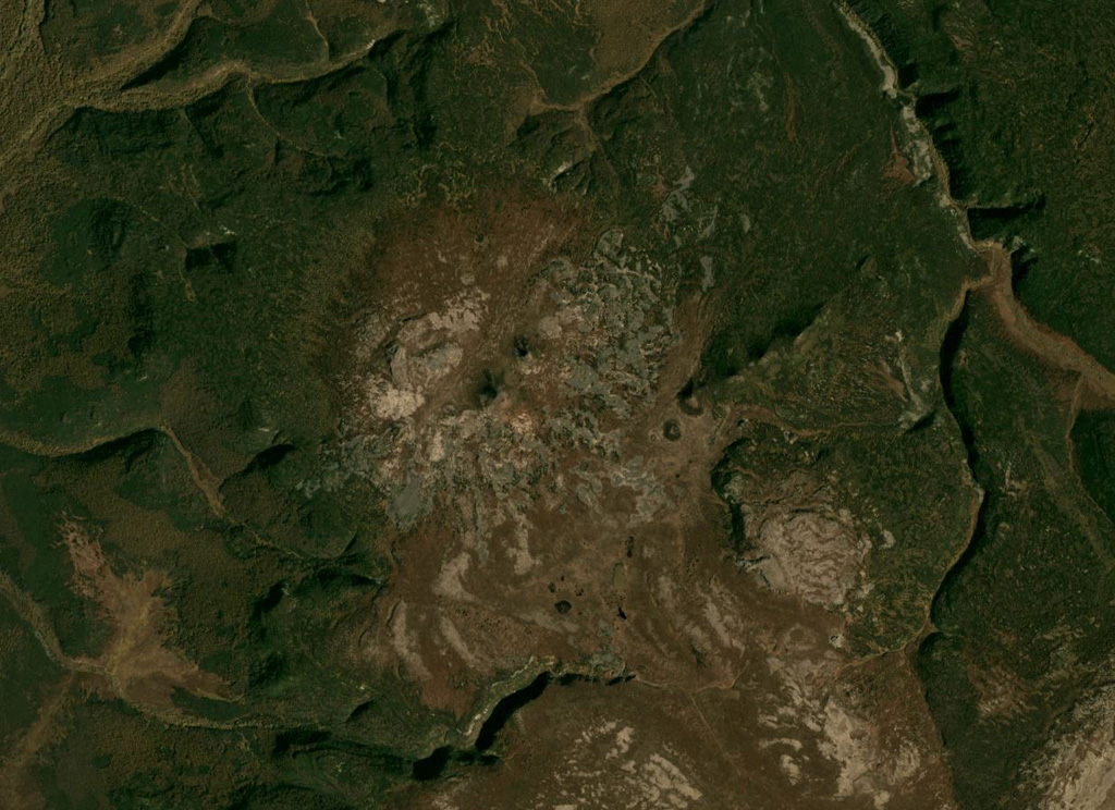 Eggella formed in the Sredinny Range, Kamchatka, and is seen in the center of this September 2019 Planet Labs satellite image monthly mosaic (N is at the top; this image is approximately 13 km across). Several small cones are visible on the eastern flank. Satellite image courtesy of Planet Labs Inc., 2019 (https://www.planet.com/).