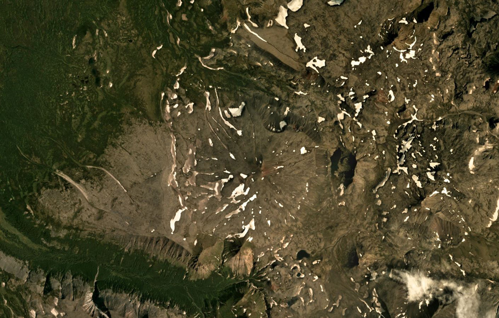 Cherny is the volcano with oxidized deposits at the summit in the center of this August 2019 Planet Labs satellite image monthly mosaic (N is at the top; this image is approximately 15 km across). Satellite image courtesy of Planet Labs Inc., 2019 (https://www.planet.com/).