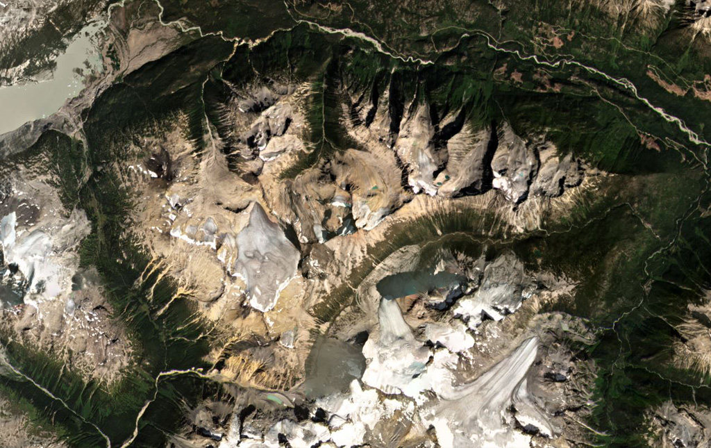 The Bridge River cones group is within the Garibaldi Volcanic Belt in SW Canada and is shown in the center of this September 2020 Planet Labs satellite image monthly mosaic (N is at the top; this image is approximately 22 km across). Younger lava flows that are potentially post-glaciation are present N of Bridge River. Satellite image courtesy of Planet Labs Inc., 2020 (https://www.planet.com/).