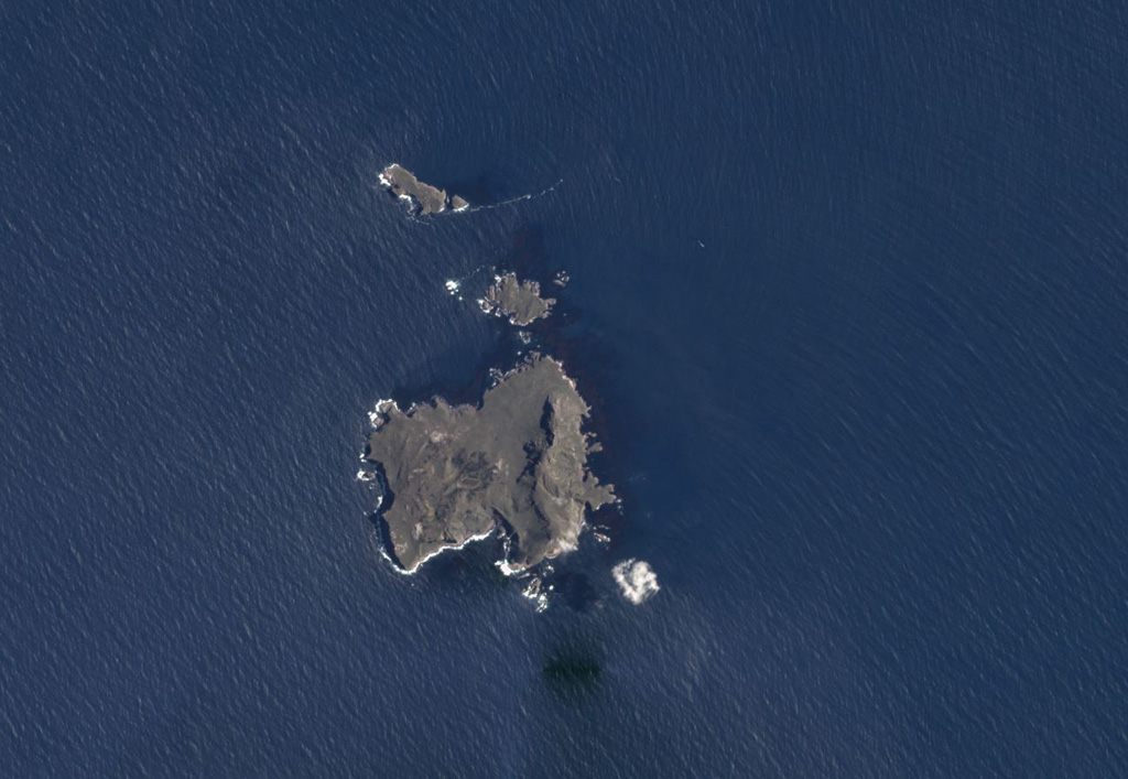 The roughly 2-km-wide, 3 km2 Nightingale (lower), Middle, and Stoltenhoff (top) islands in the South Atlantic Ocean are shown in this January 2018 Planet Labs satellite image monthly mosaic (N is at the top). The heavily eroded Island is the southernmost of the Tristan da Cunha group, and a submarine eruption occurred in 2004. Satellite image courtesy of Planet Labs Inc., 2018 (https://www.planet.com/).