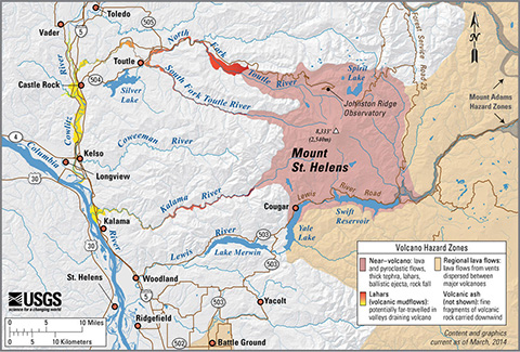 Mount St. Helens, Washington simplified hazards map showing potential impact area for ground-based hazards during a volcanic event.