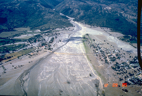 Aerial view of Armero destroyed by lahars from Nevado del Ruiz volcano, Colombia, on 13 November 1985.