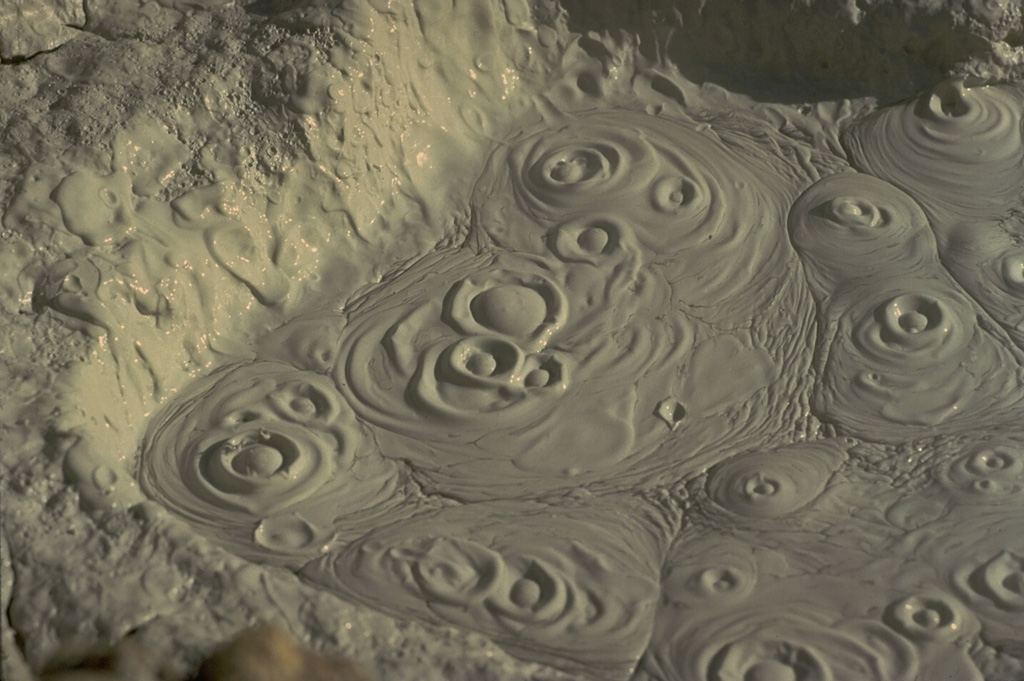 Bubbling mudpots are evidence of continued thermal activity at the Campi Flegrei caldera on the western outskirts of Naples, Italy. Copyrighted photo by Katia and Maurice Krafft, 1971.