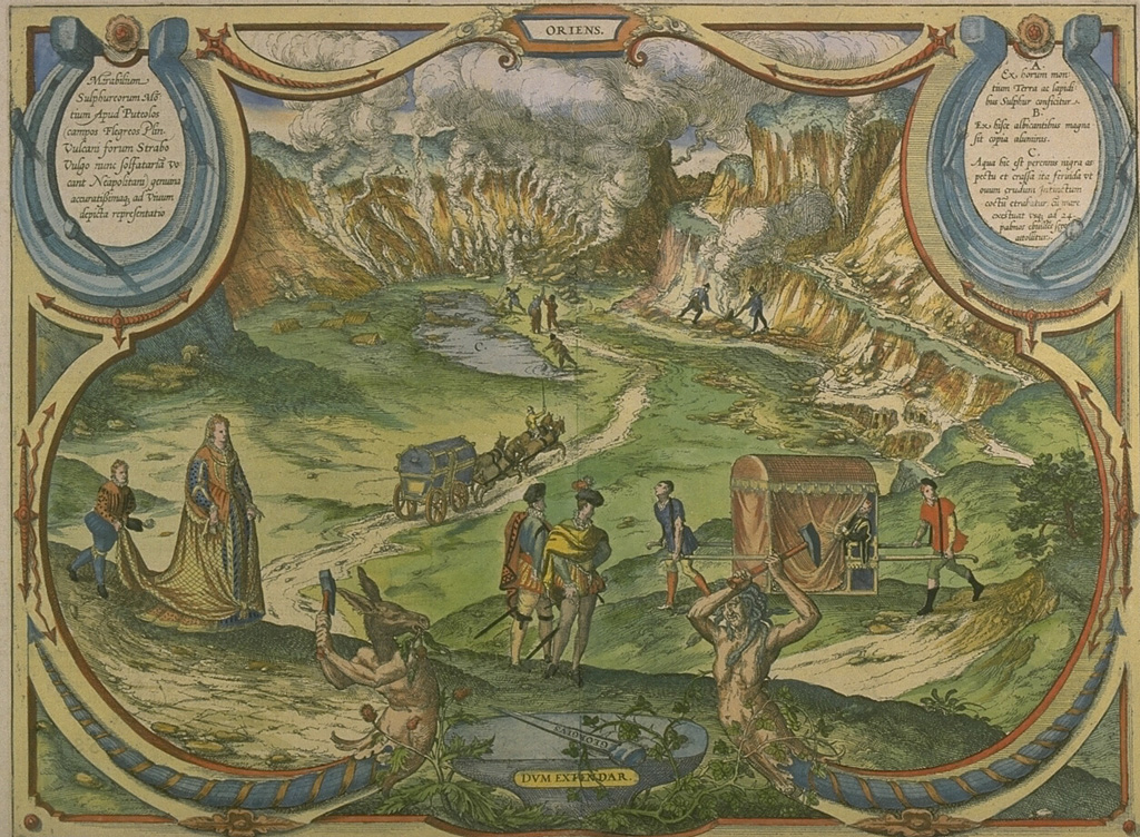 This 17th century sketch depicts visitors to Solfatara crater within the Campi Flegrei caldera.  Active fumaroles steam along the crater walls.  A small phreatic explosion took place at Solfatara in 1198 CE. From the collection of Maurice and Katia Krafft.