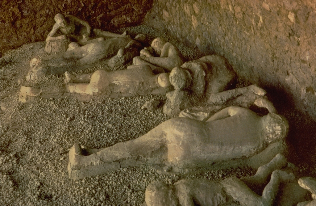 Casts of victim's bodies from the 79 CE eruption of Vesuvius were uncovered during excavations of the buried city of Pompeii.  The Pompeii fatalities were caused by pyroclastic flows, which swept as far as 30 km from the summit.  Fine-grained ash hardened around the bodies, preserving features in great detail. Copyrighted photo by Katia and Maurice Krafft, 1971.