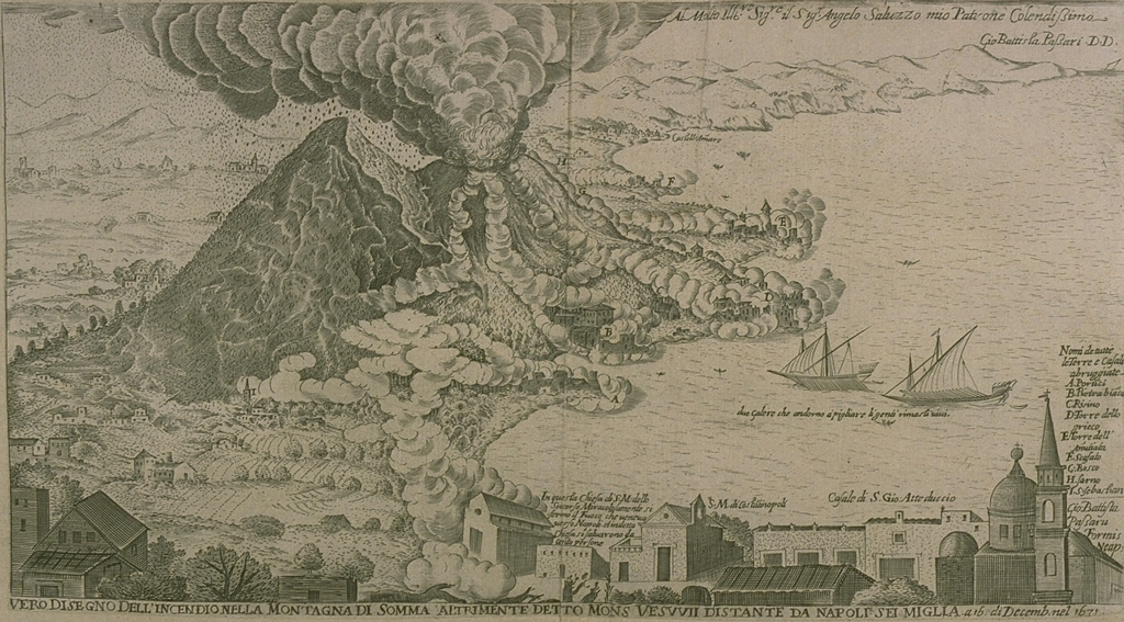 This engraving of the 1631 eruption of Vesuvius shows a vertical eruption column and pyroclastic flows sweeping down the flanks of the volcano to the sea. This is the earliest known depiction of pyroclastic flows. The 1631 eruption was one of the largest at Vesuvius in historical time and began the modern period of frequent, long-duration eruptions. Engraving by G. Battista Passaro (from the collection of Maurice and Katia Krafft, published in Simkin and Siebert, 1994).