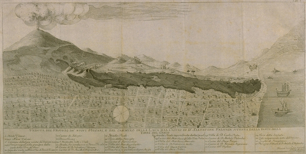 The Torre del Greco lava flow was erupted from December 1760 to January 1761 from a south-flank fissure, 4-km from the sea.  Previous paroxysmal eruptions during this eruptive period, which began in 1744, took place in 1751 (from a upper SE flank fissure), and in 1754-55, when lava flows traveled to the south and SE.  The 1760-61 paroxysmal stage was accompanied by vigorous explosive eruptions, and marked the first historical eruption of Vesuvius from a vent outside the caldera. From the collection of Maurice and Katia Krafft.