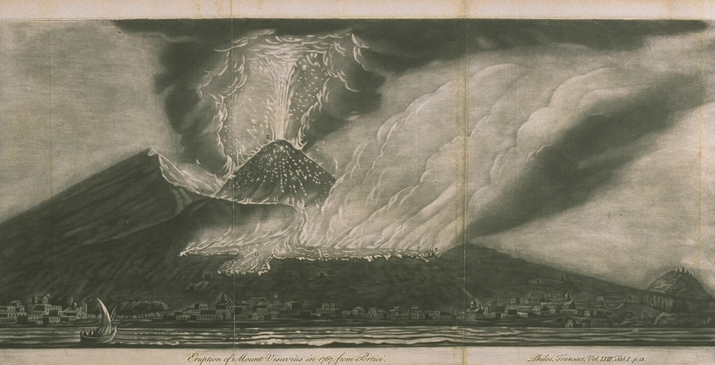 Incandescent explosive eruptions from the summit crater in October 1767 accompany a lava flow from a fissure on the upper north and NW flanks that descends toward Portici, on the west flank.  This marked the end of an eruption that began in 1764.  In 1766 a lava flow traveled to the WSW, towards Resina, and to the south, towards Torre Annunziata. From the collection of Maurice and Katia Krafft.