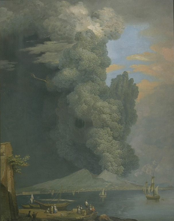 A powerful eruption column rises above the summit of Vesuvius in this painting of the June 1794 eruption, viewed from Naples.  This eruption was the most powerful at Vesuvius since 1631.  Several towns were completely destroyed, and 400 people were killed.  After the eruption the height of Vesuvius was lowered by 121 m, leaving a 2.2-km wide and 150 m deep crater.  The 1794 eruption occurred at the end of an eruptive period that began in 1783 and included paroxysmal effussive phases in 1785-1787 and 1790. From the collection of Maurice and Katia Krafft.