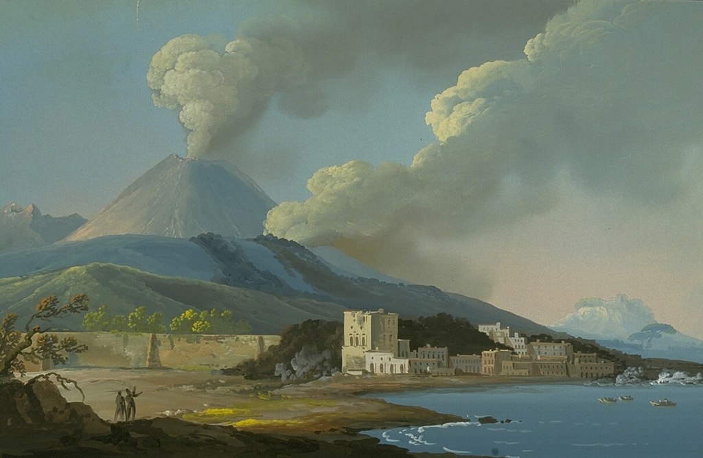 During the paroxysmal stage of the 1783-1794 eruption, from June to July 1794, a lava flow from a SW-flank fissure overran the town of Torre de Greco and reached the sea.  Ash columns in this painting rise from the summit crater and from the SW flank vent, and steam clouds on the coast mark the point where the lava flow reached the sea.  From the collection of Maurice and Katia Krafft.