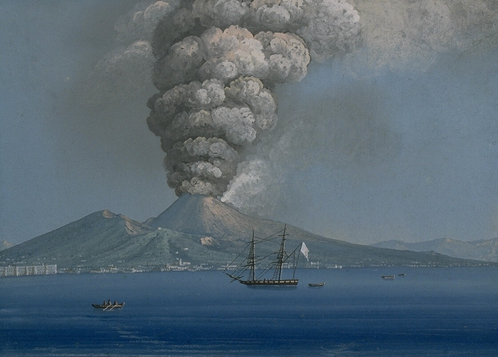 A powerful ash column in October 1822 rises above the crater of Vesuvius in this painting from a location across the Bay of Naples.  A major explosive and effusive eruption during October-November 1822 marked the end of a long eruptive period that began in 1796.  Major effusive and explosive phases in 1804, 1805, and 1806 included a 1806 lava flow that reached the sea just south of Torre de Greco, on the SW flank. From the collection of Maurice and Katia Krafft.
