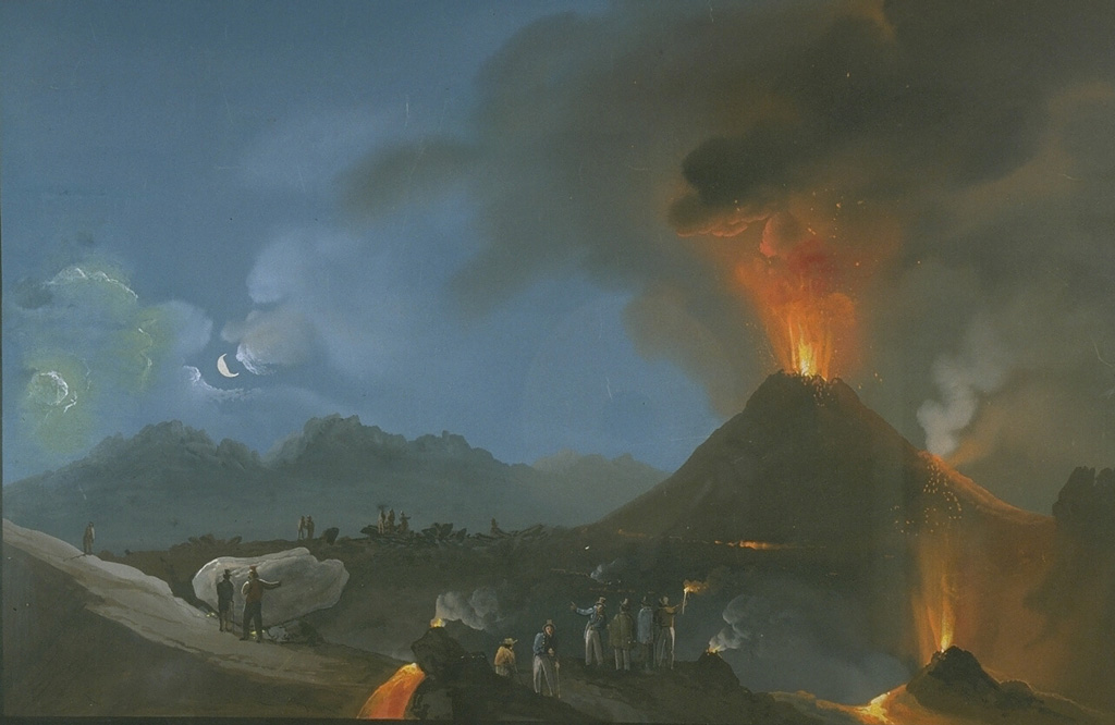 Strombolian eruptions in 1834 from cones at the summit of Mount Vesuvius eject incandescent material near the end of an eruption that began in 1824.  Major effusive phases occurred from August 1831 to December 1832, and from May to June 1833.  The climactic effusive-explosive eruptions took place August 22-September 2, 1834. From the collection of Maurice and Katia Krafft.