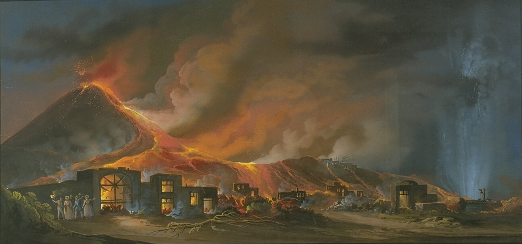 Lava flows in February 1850, during the climactic phase of an eruption that began in 1841, are depicted in this painting overrunning a village on the flanks of Vesuvius.  Strombolian eruptions had occurred since 1841.  By February 1845, lava filled the entire 1839 crater.  The February 1850 lava flows issued from fissures on the flanks of a cone that had grown to about 20 m above the previous crater rim. From the collection of Maurice and Katia Krafft.
