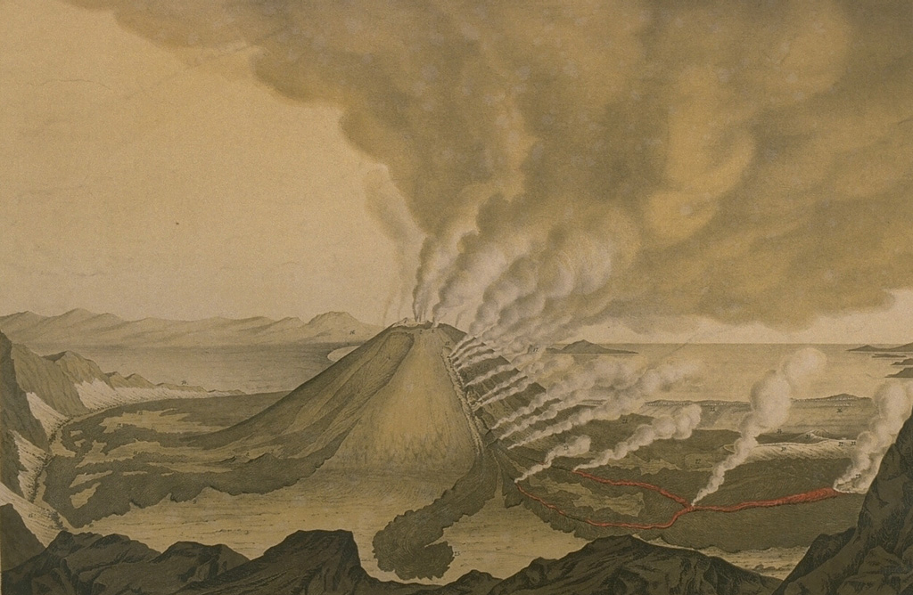 A lava flow issues from a fissure on the north flank of Vesuvius, in this May 1855 view from the Monte Somma rim.  The lava flow ponded in the moat between Vesuvius and Monte Somma before being deflected down the west flank and overrunning the village of San Sabastiano.  This eruption began on December 14, 1854.  From the collection of Maurice and Katia Krafft.