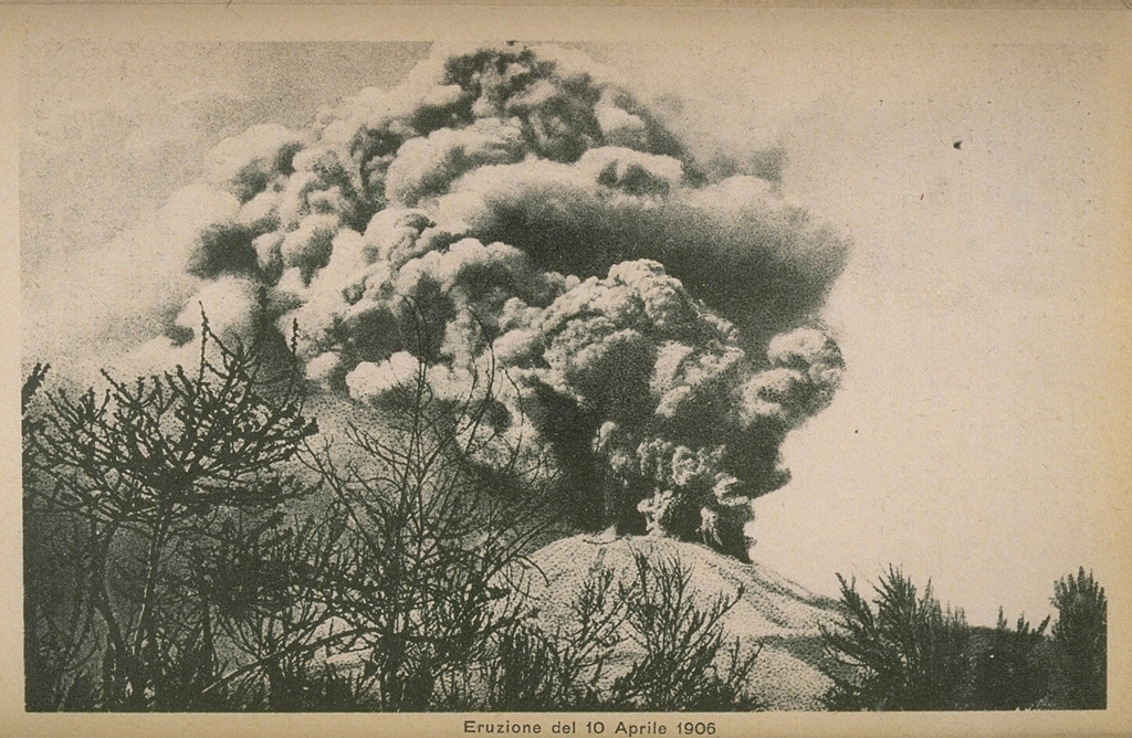 A major explosive eruption in April 1906, one of the largest eruptions of Vesuvius since 1631, destroyed the upper part of the cone.  The paroxysmal eruption occurred at the end of a three-decade long, primarily effusive eruption that began in 1875.  Periods of more intense eruptions took place in 1881-85, 1891-1900, and 1904. From the collection of Maurice and Katia Krafft.