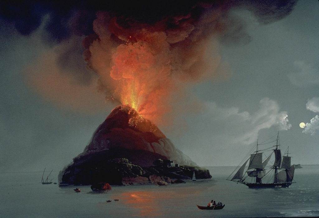 Stromboli, the "Lighthouse of the Mediterranean," is seen in lurid nighttime eruption in this painting.  The slopes of the volcano are unrealistically steep, as is often the case in popular depictions of volcanoes.  Stromboli has been in continuous eruption since at least 1300 years. From the collection of Maurice and Katia Krafft.