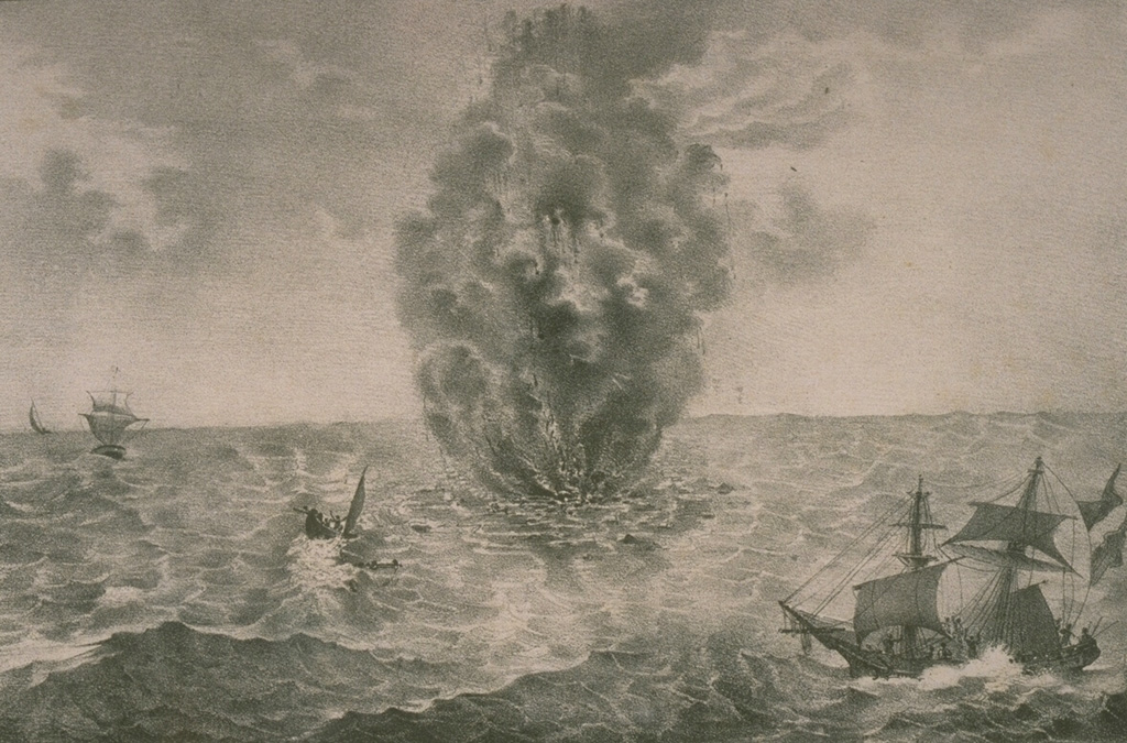A column of steam and ash rises above the sea surface during the early phase of a submarine eruption in 1831 at Graham Island (Giulia Ferdinandeo) south of Sicily.  Earthquakes were first reported on June 28.  During the first few days, floating matter, boiling water, and dead fish were observed.  On July 8 black smoke was ejected, and by the 12th pumice washed up on the shores of Sicily.  A new, but short-lived island was first seen on July 16. From the collection of Maurice and Katia Krafft.