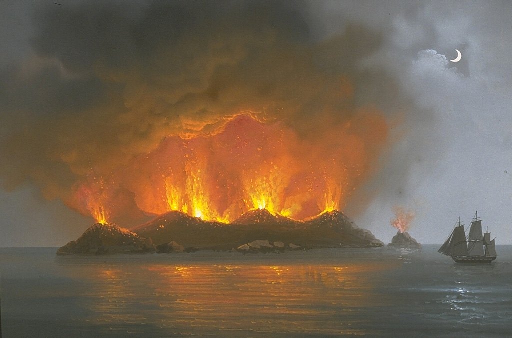 This painting of the eruption of Graham Island (Giulia Ferdinandeo) on 13 July 1831 shows late-stage Strombolian eruptions originating from several vents along a fissure. A submarine eruption that began sometime after 28 June eventually constructed a new island that reached a height of 65 m and a diameter of about 500 m. After August, when the eruption ended, the ephemeral island soon eroded beneath the sea. From the collection of Maurice and Katia Krafft (published in Simkin and Siebert, 1994).