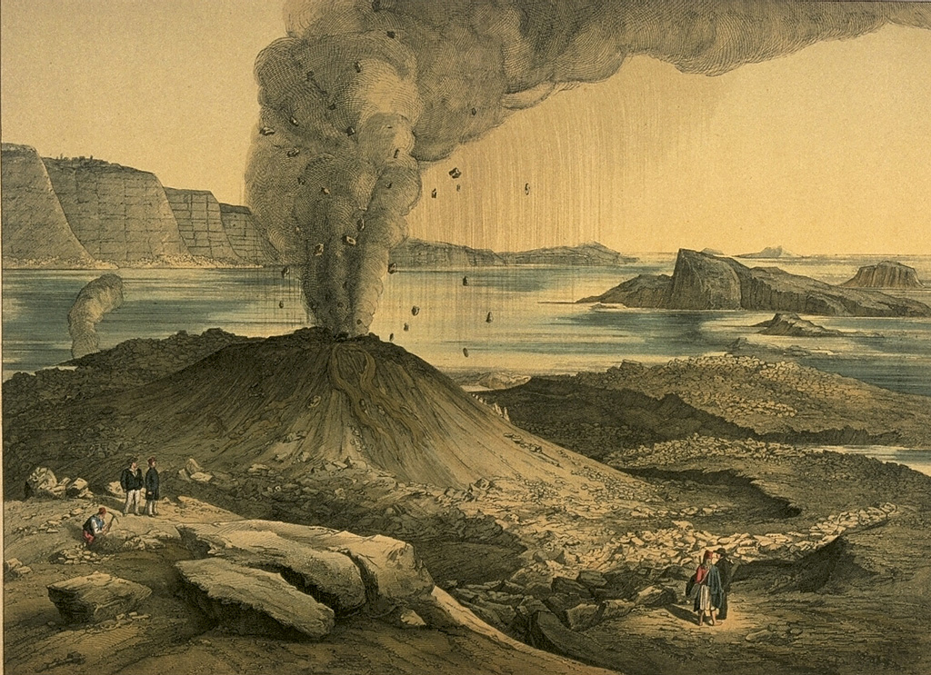 An eruption from 1866 to 1870 at Nea Kameni Island in the center of Santorini caldera began with quiet submarine effusion of lava that built a dome above sea level.  During the course of the eruption, three volcanic centers were formed, which issued lava flows, sometimes accompanied by explosive activity, such as depicted in this sketch, viewed form the NE.  Lava flows from this eruption underlie more than half of the island of Nea Kameni.  The island of Palea Kameni, which formed in 46-47 CE, is visible at the right. From the collection of Maurice and Katia Krafft.