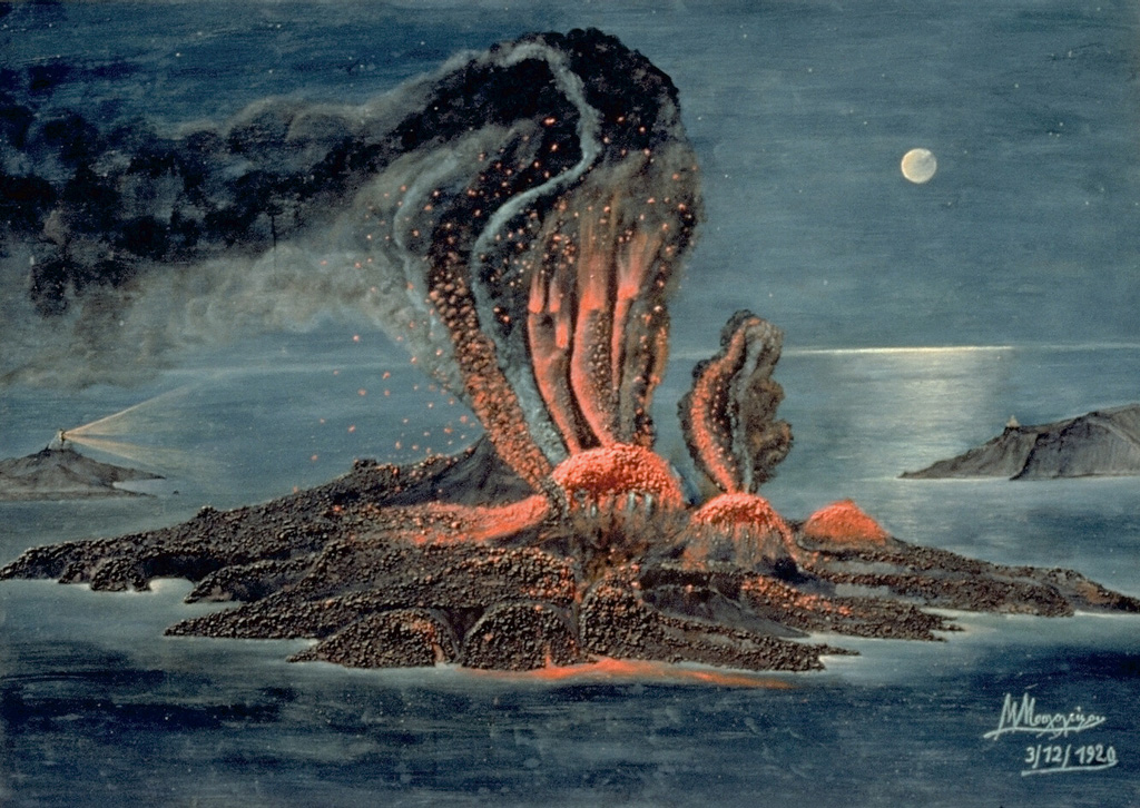 An eruption from 1939 to 1941 began with submarine explosions and lava effusion on the west coast of Nea Kameni Island, seen in this painting viewed from the NE.   Over the next two years lava effusion near the center of the island, sometimes accompanied by explosive activity, produced a group of small lava domes and lava flows that traveled dominantly to the east and west.  This marked the last major stage in the growth of Nea Kameni Island. From the collection of Maurice and Katia Krafft.
