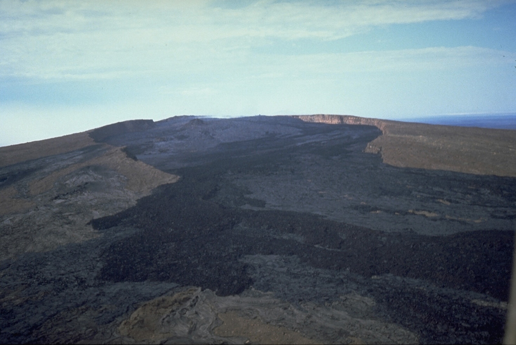 Erta Ale is a basaltic shield volcano that is the most active volcano in Ethiopia. The broad, 50-km-wide volcano rises 500 m from below sea level in the Danakil depression. It contains a 0.7 x 1.6 km elliptical summit crater, seen here from the SE. The crater contains steep-sided pit craters with one or more lava lakes that have been active since at least 1967. Fresh black lava flows from the southern pit crater fill much of the floor of the larger crater and spill over its rim down the S flank. Photo by Luigi Cantamessa, 1992 (courtesy of Pierre Vetsch).