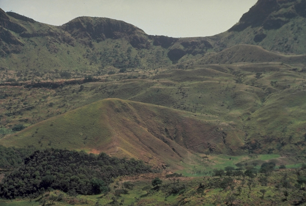 The forested lava flow (left foreground) was erupted on the caldera floor of Fentale volcano in 1820. This view looks from the NE. The walls of the 3 x 4 km summit caldera are up to 500 m high. During the 1820 eruption, basaltic lava flows were also extruded onto the Main Ethiopian Rift from a 4-km-long fissure on the south flank. Photo by Giday Wolde-Gabriel, 1984 (Los Alamos National Laboratory).
