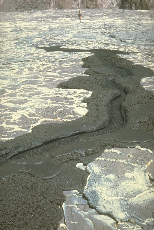 The chemically exotic lavas of Tanzania's Ol Doinyo Lengai volcano have unusually low temperatures and viscosities; it is the only volcano actively erupting carbonatitic (sodium carbonate) lava flows. Its lava flows are only incandescent during nighttime. The flows are usually only a few centimeters thick and travel only a few tens of meters from their source. This 1966 photo shows a small lava flow, only a meter wide, with miniature channels and levees (note the person at the top for scale). Photo by Gordon Davies, 1966 (courtesy of Celia Nyamweru, Kenyatta University).