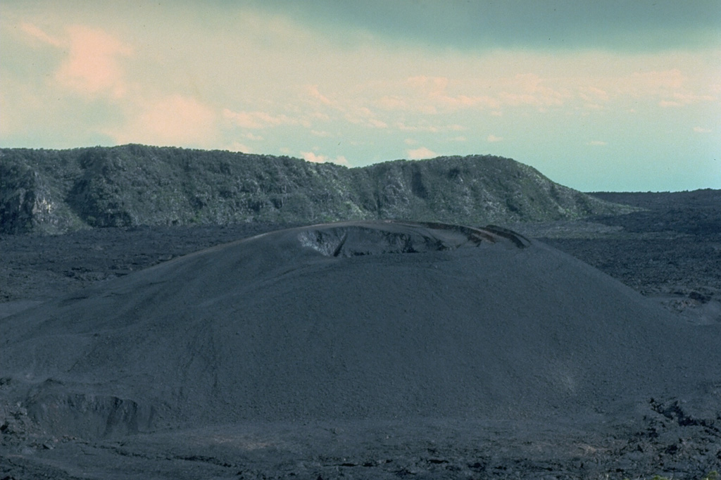 An eruption during September 8-October 5, 1972 occurred from four fissures in the summit caldera of Karthala.  Lava flows from the initial stage of the eruption covered the northern caldera floor and traveled through the northern gap in the caldera rim (upper right) 2 km down the NW flank.  From September 9 to 12, activity was restricted to a cinder cone (foreground) immediately north of the Choungou Chagnoumeni pit crater.  Renewed activity September 13-15 produced lava flows that traveled 4-5 km down the NW flank. Copyrighted photo by Katia and Maurice Krafft, 1980.