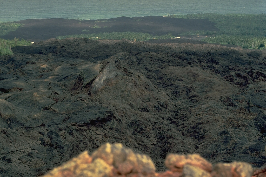 A black basaltic lava flow originating in 1977 from the SW-flank cinder cone in the foreground cut the main west-side highway on Karthala Island, partially destroying about 300 houses in two villages along the road 1 km below the vent.  After diverging around a vegetated kipuka, the flow reached the sea along a 1.5-km-long front.  Ashfall from the April 5-10, 1977 eruption also damaged the village of M'Djoyezi, which was located 1 km west of the vent.  Copyrighted photo by Katia and Maurice Krafft, 1980.