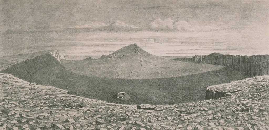 A 19th-century lithograph looking from the WNW rim shows the morphology of the summit crater of Piton de la Fournaise in 1885.  Between 1817 and 1925, there were three summit craters.  Piton Bory (center horizon) occupied the central crater, a large basin called Enclos Velain.  It was located between Bory crater (foreground) and Dolomieu crater, which is out of view behind Piton Bory.  The shape and size of the summit crater complex has varied widely during the course of the volcano's frequent historical eruptions. Lithograph by A. Roussin, 1885 (from the collection of Maurice and Katia Krafft).