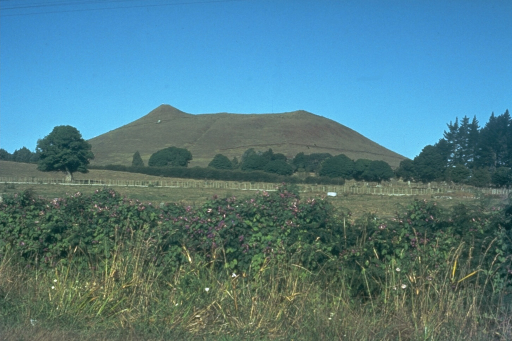 This basaltic scoria cone is one of 30 Pleistocene to early-Holocene eruptive centers in the Kaikohe-Bay of Islands volcanic field in NW-most North Island, New Zealand. The most recent eruptions produced scoria cones and lava flows near Te Puke about 1,300-1,800 years ago. The volcanic field also contains small shield volcanoes, along with small rhyolitic lava flows and domes. Photo by Jim Cole (University of Canterbury).