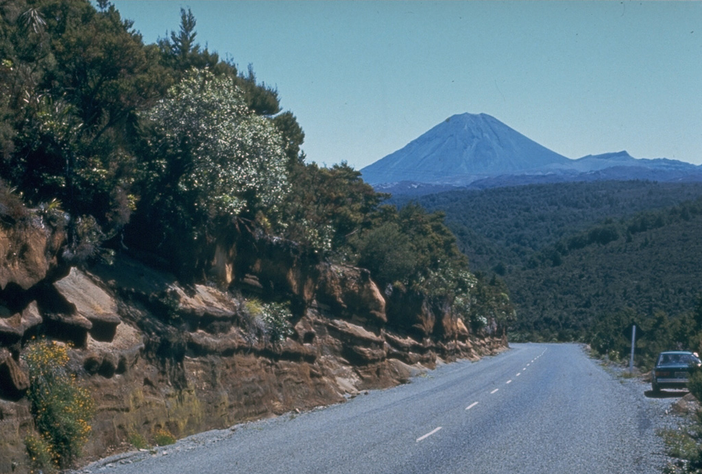 A roadcut along the desert road between Waiouru and Turangi exposes some of the tephra layers erupted from the Tongariro volcanic complex during its early stage of development. Ngauruhoe is the visible cone in the background. Photo by Jim Cole (University of Canterbury).