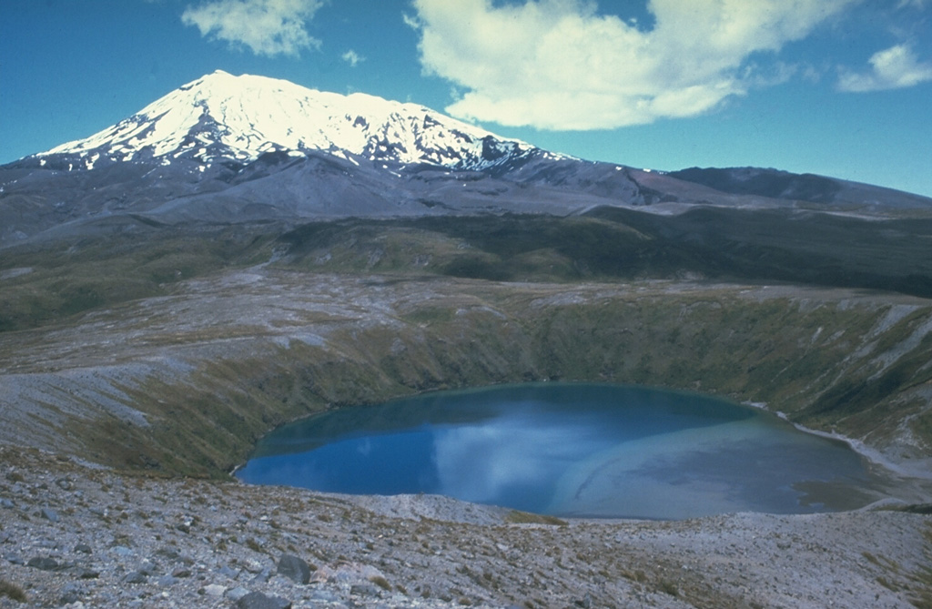 Lower Tama Lake on Tongariro was formed late in a series of eruptions that began about 10,000 years ago. The eruptions included the emplacement of two lava flows from Upper Tama Lake with a combined volume of 0.2 km3 and a smaller lava flow from Lower Tama Lake. Photo by Jim Cole (University of Canterbury).