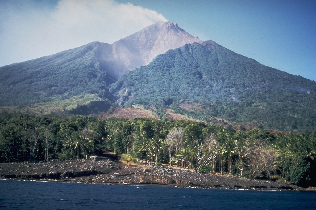 The SW avalanche valley, the smallest of four large radial valleys that extend from the summit of Manam to its lower flanks, is seen here in August 1972. During larger eruptions, pyroclastic flows and lava flows descend all four valleys and sometimes reach the coast. The unvegetated summit is emitting a plume. Photo by Wally Johnson, 1972 (Australia Bureau of Mineral Resources).