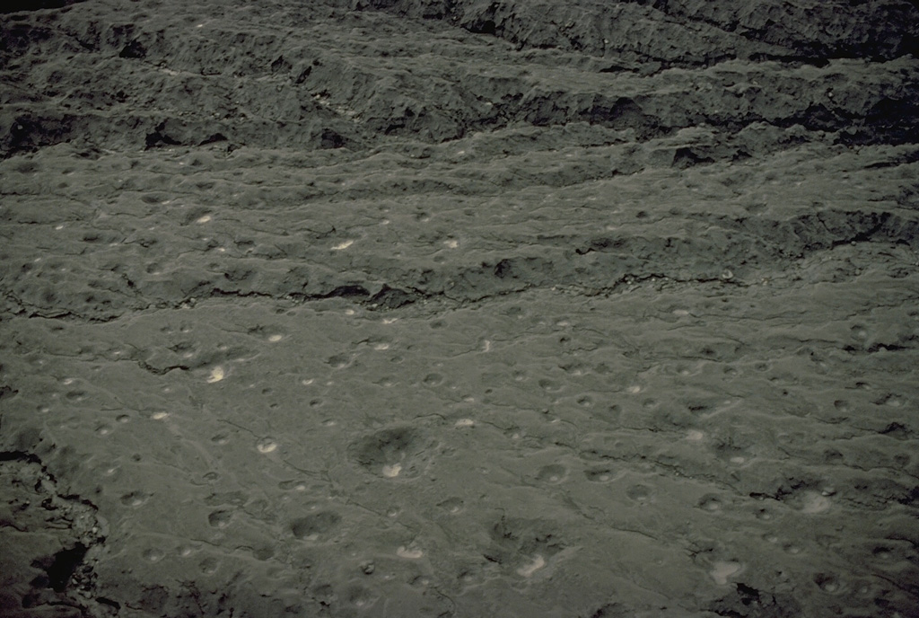 A strong directed explosion on March 8, 1979 from a vent on the floor of Karkar's inner caldera ejected large blocks that produced these impact craters on the southern rim of the caldera.  The craters, photographed here in September 1979, measured up to about 7-m wide and over 2-m deep.  The thin tephra deposit ranged from about 10-40 cm in thickness.  The directed explosions, estimated to be at an angle of 30-60 degrees above the horizontal, destroyed a formerly dense rainforest over a crescent-shaped area extending up to 900 m from the caldera rim.   Copyrighted photo by Katia and Maurice Krafft, 1979.