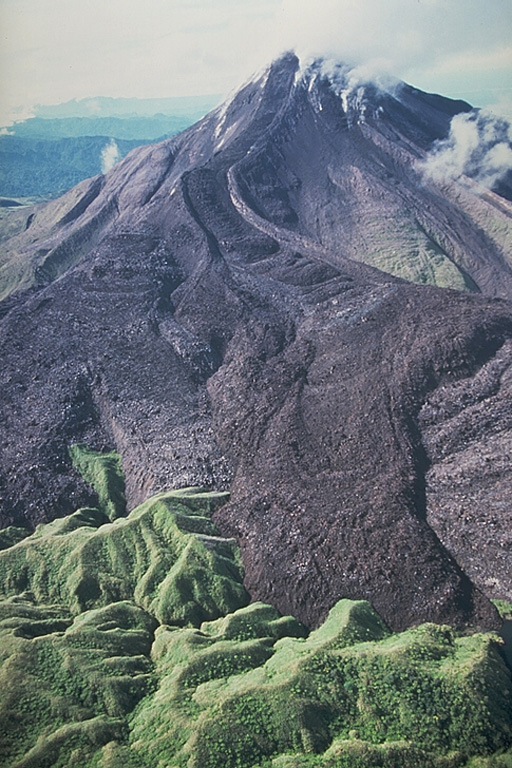 Bagana volcano, on Papua New Guinea's Bougainville Island, is characterized by the extrusion of thick, viscous andesitic lava flows. This photo shows a large lava flow with prominent lateral levees descending from the summit and ponding against forested hills at the base of the volcano. Bagana is constructed almost entirely of overlapping lava-flow lobes. Slow lava extrusion, occasionally accompanied by explosive activity, has been common since the mid-1800s. Photo by Wally Johnson, 1988 (Australia Bureau of Mineral Resources).