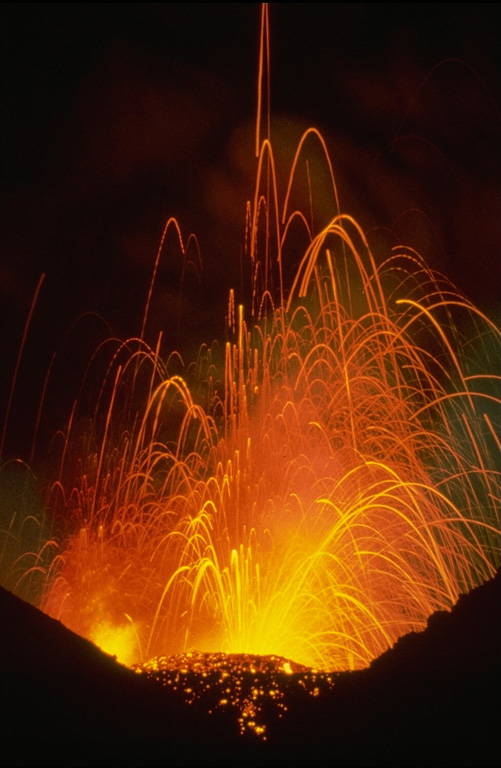 Strombolian eruptions such as these in 1979 frequently occur at Anak Krakatau, the post-caldera cone that forms an island in the center the 1883 Krakatau caldera.  Submarine eruptions at Anak Krakatau (Child of Krakatau) began in 1927, and the new island first reached the surface in 1929. Copyrighted photo by Katia and Maurice Krafft, 1979.