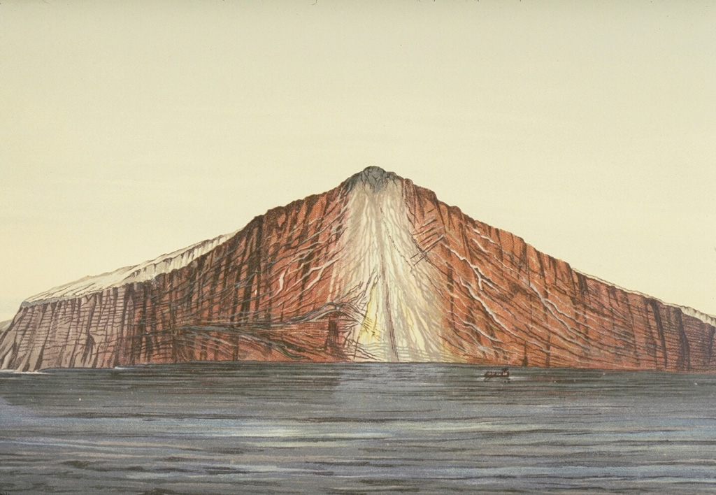 The noted Dutch geologist R.D.M. Verbeek conducted a comprehensive study of the 1883 Krakatau eruption. This chromolithograph from his 1885 monograph shows the remnant of Krakatau Island seven weeks after the eruption. The exposed outcrop revealed the stratigraphy of Rakata volcano and marked the margin of the newly-formed Krakatau caldera. Lighter-colored materials capping the outer flanks are pyroclastic-flow deposits from the 1883 eruption. Chromolithograph published in Verbeek (1885) and Simkin and Fiske (1993).