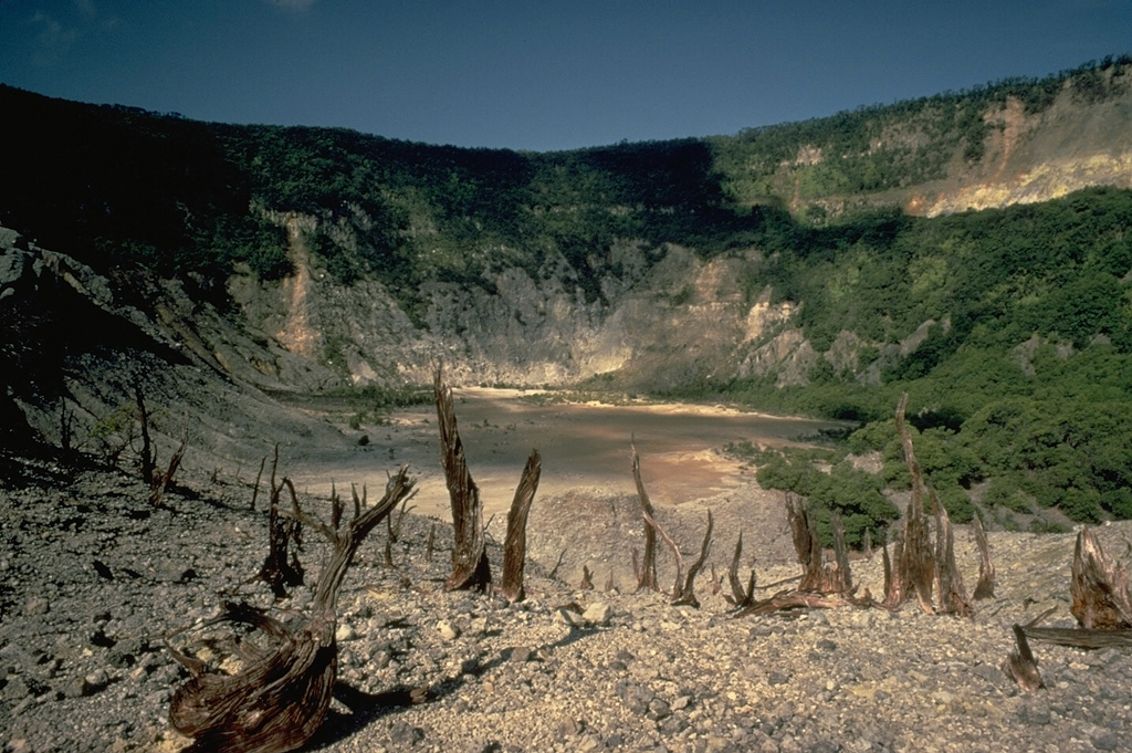 The crater floor of Tangkubanparahu volcano is an easily accessible tourist destination for visitors from Bandung.  Small phreatic eruptions have occurred in historical time from several of the many overlapping craters at the summit of the volcano. Copyrighted photo by Katia and Maurice Krafft, 1971.