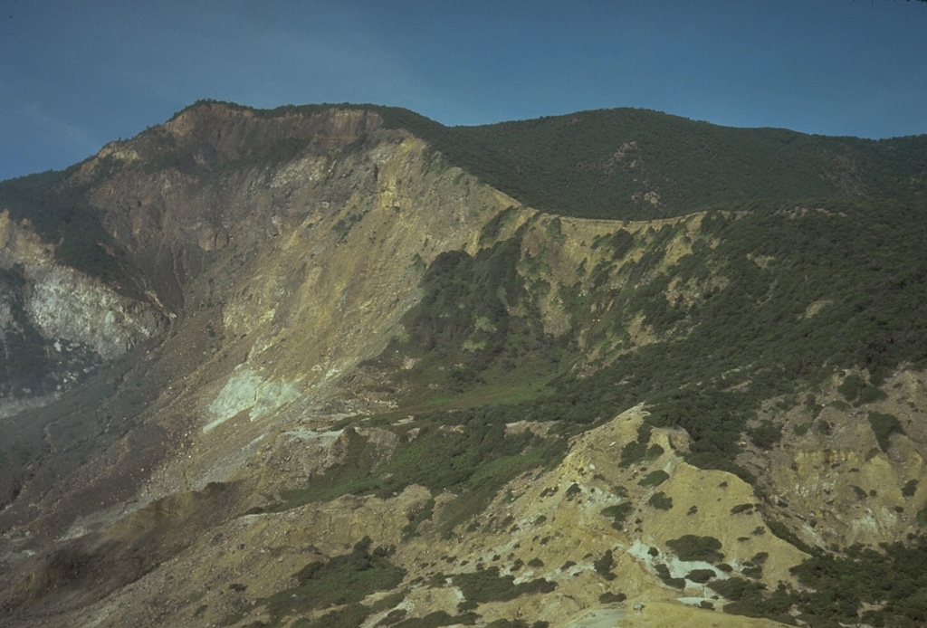 The steep, hydrothermally altered scarp on the left is the headwall of the 1772 collapse of Papandayan, which produced a debris avalanche that traveled at high velocities up to 11 km from the volcano, destroying 40 villages and causing nearly 3,000 fatalities. Photo by Tom Casadevall, 1986 (U.S. Geological Survey).