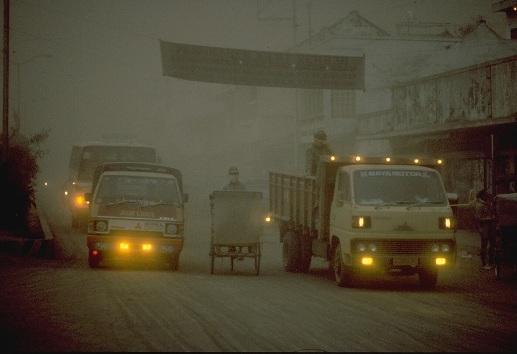 Heavy ashfall from the 1982 eruptions of Galunggung volcano produced nighttime conditions during daylight hours, at times resulting in total blackout.  This photo was taken in September. Copyrighted photo by Katia and Maurice Krafft, 1982.