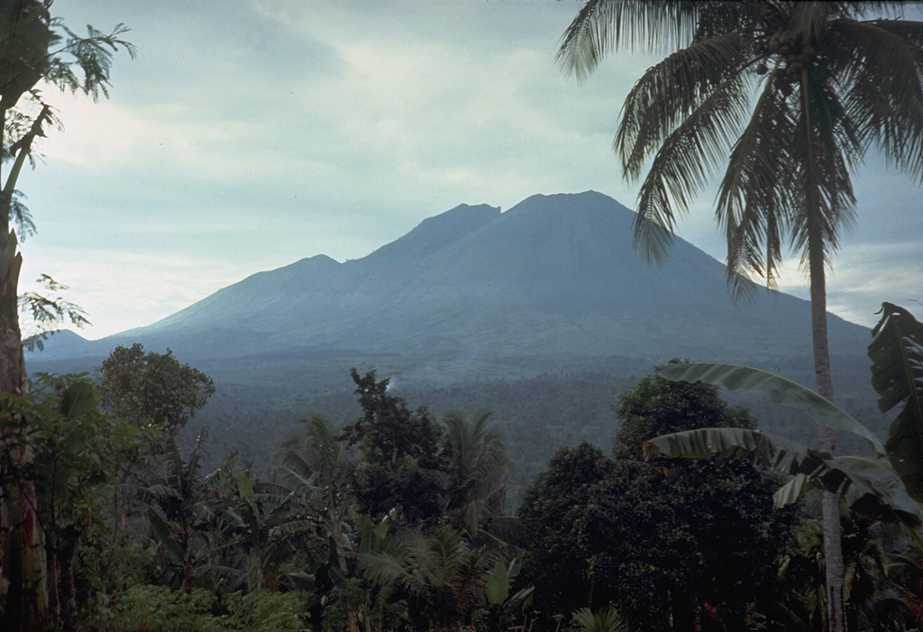 Lamongan volcano is located between the Tengger and Iyang-Argapura volcanic complexes. A cluster of 27 maars, many filled by lakes, and 37 scoria cones surround the volcano. Tarub is the volcano's highest peak to the left. Lamongan was frequently active during the 19th century, producing both explosive eruptions and lava flows. Photo by Tom Casadevall, 1985 (U.S. Geological Survey).