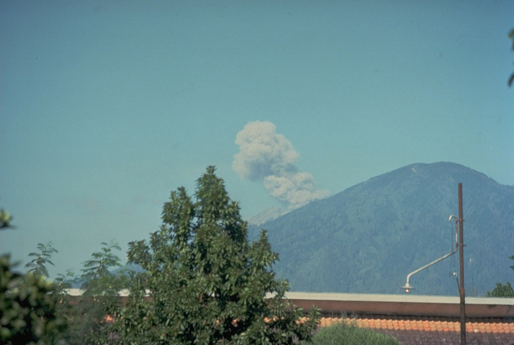 An ash plume rises above the summit of Raung volcano, almost hidden behind a forested cone of the Ijen volcanic complex, in this August 1976 view from the east.  Explosive eruptions took place from Gunung Raung from June until November 1976. Copyrighted photo by Katia and Maurice Krafft, 1976.