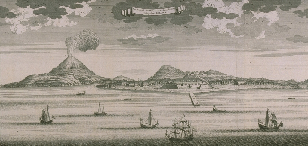 This 1726 lithograph shows an eruption plume from the summit of Banda Api, possibly from the last previous eruption, which took place in 1722.  This sketch shows sailing ships plying the strait between the islands of Lonthur and Neira in the historic Banda Islands, the original Spice Islands of the Dutch East Indies. From the collection of Maurice and Katia Krafft.