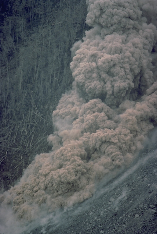 A small pyroclastic flow generated by collapse of a growing lava dome descends the flank of Anak Ranakah dome on February 2, 1988. Copyrighted photo by Katia and Maurice Krafft, 1988.