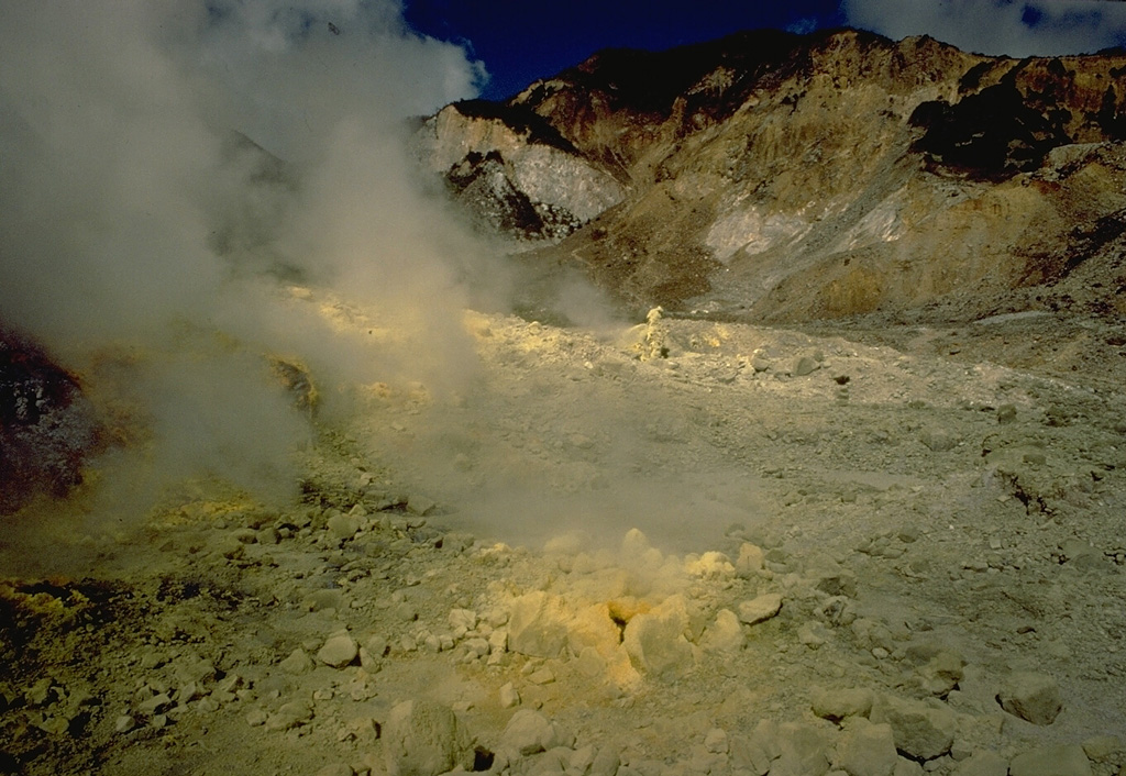 Steam rises from sulfur-encrusted fumaroles in the crater of Egon volcano on Flores Island in 1971. Copyrighted photo by Katia and Maurice Krafft, 1971.